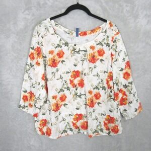 Inizio Womens Small Linen Floral Top 3/4 Sleeve Made in Italy White Orange Green